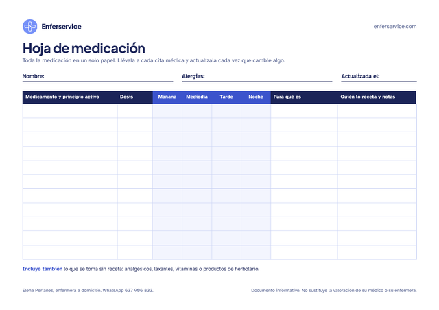 Vista previa de la hoja de medicación de Enferservice