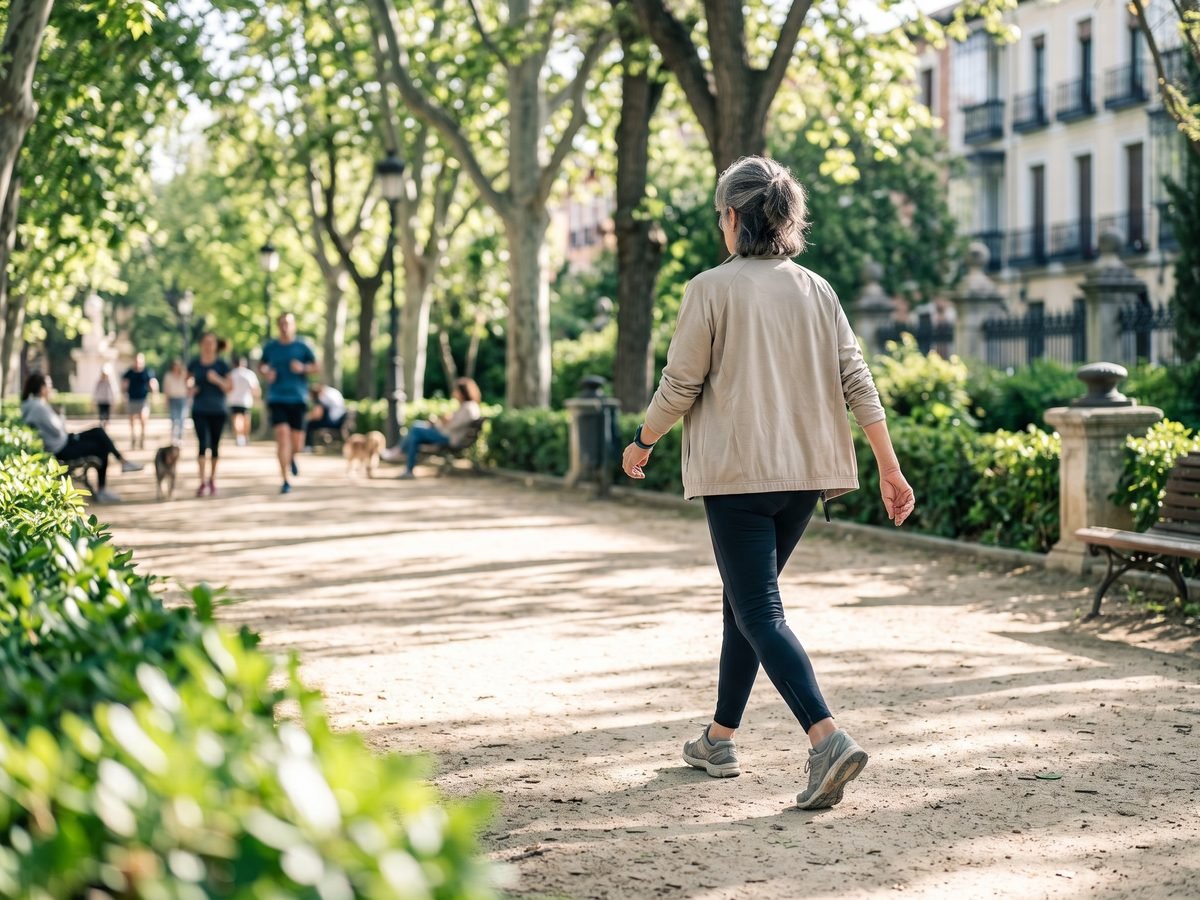 Mujer de unos sesenta años caminando a buen ritmo por un parque arbolado
