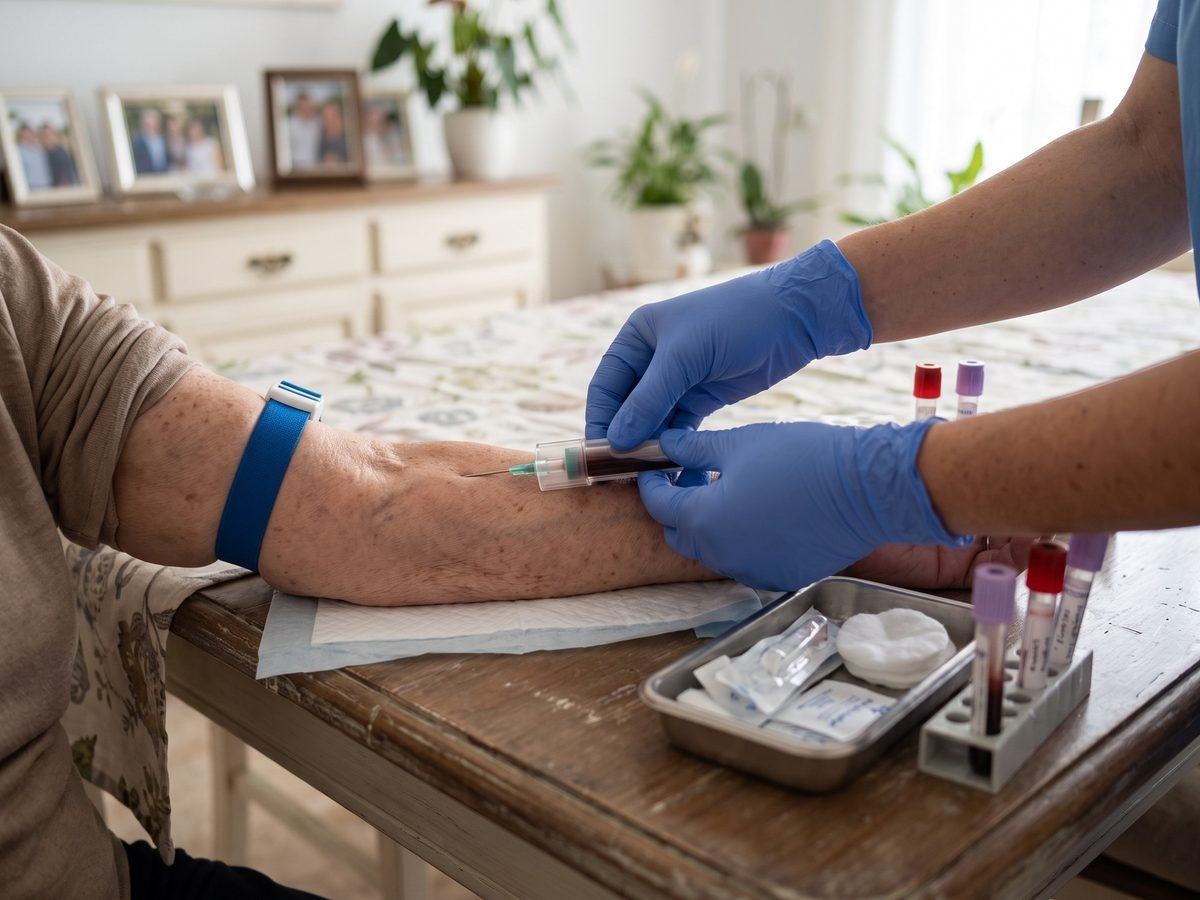 Enfermera haciendo una extracción de sangre en el brazo de una persona mayor en su casa