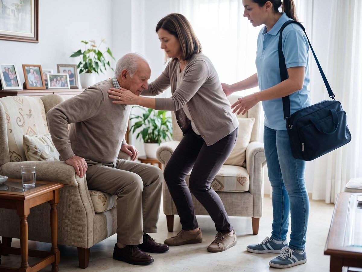 Enfermera enseñando a una hija a ayudar a su padre a levantarse del sillón apoyándose en los reposabrazos