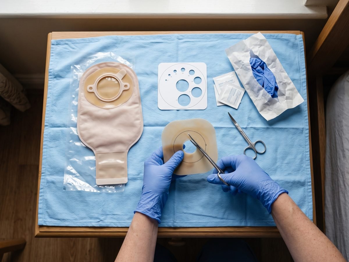 Manos con guantes recortando el disco de una bolsa de ostomía junto al resto del material
