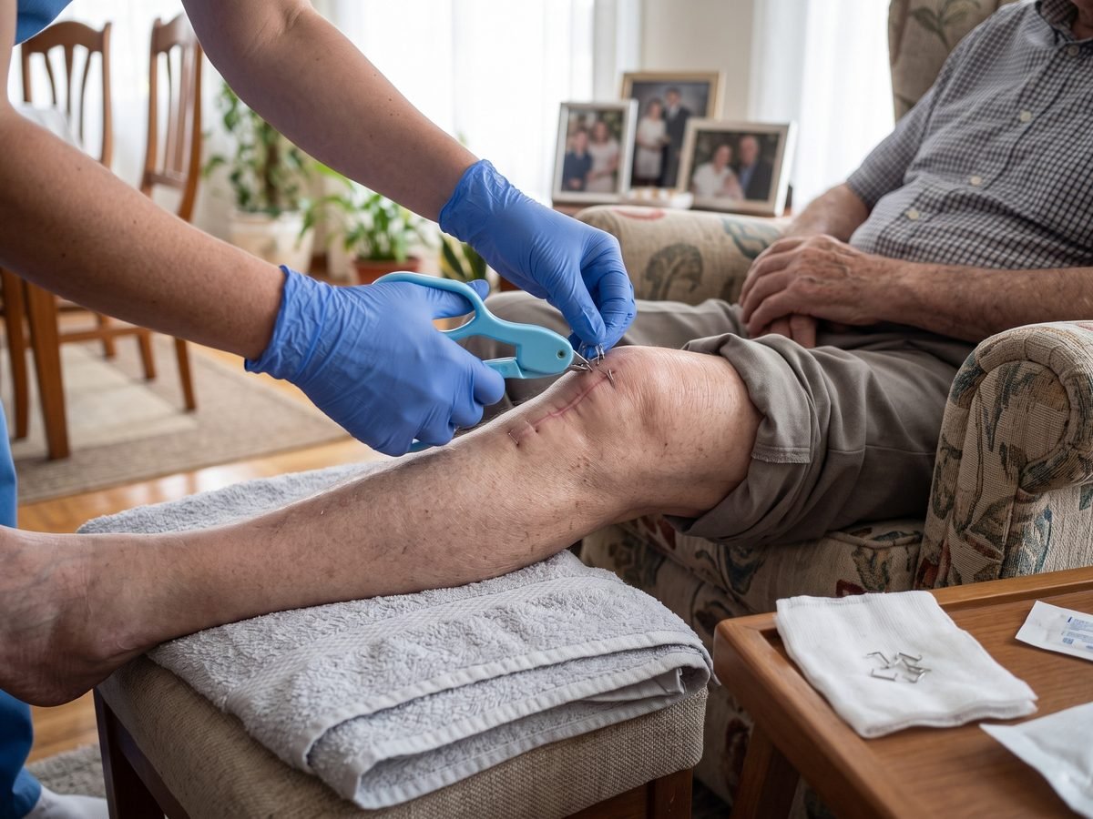 Enfermera retirando grapas con un quitagrapas de la cicatriz de la rodilla de un hombre mayor en su casa