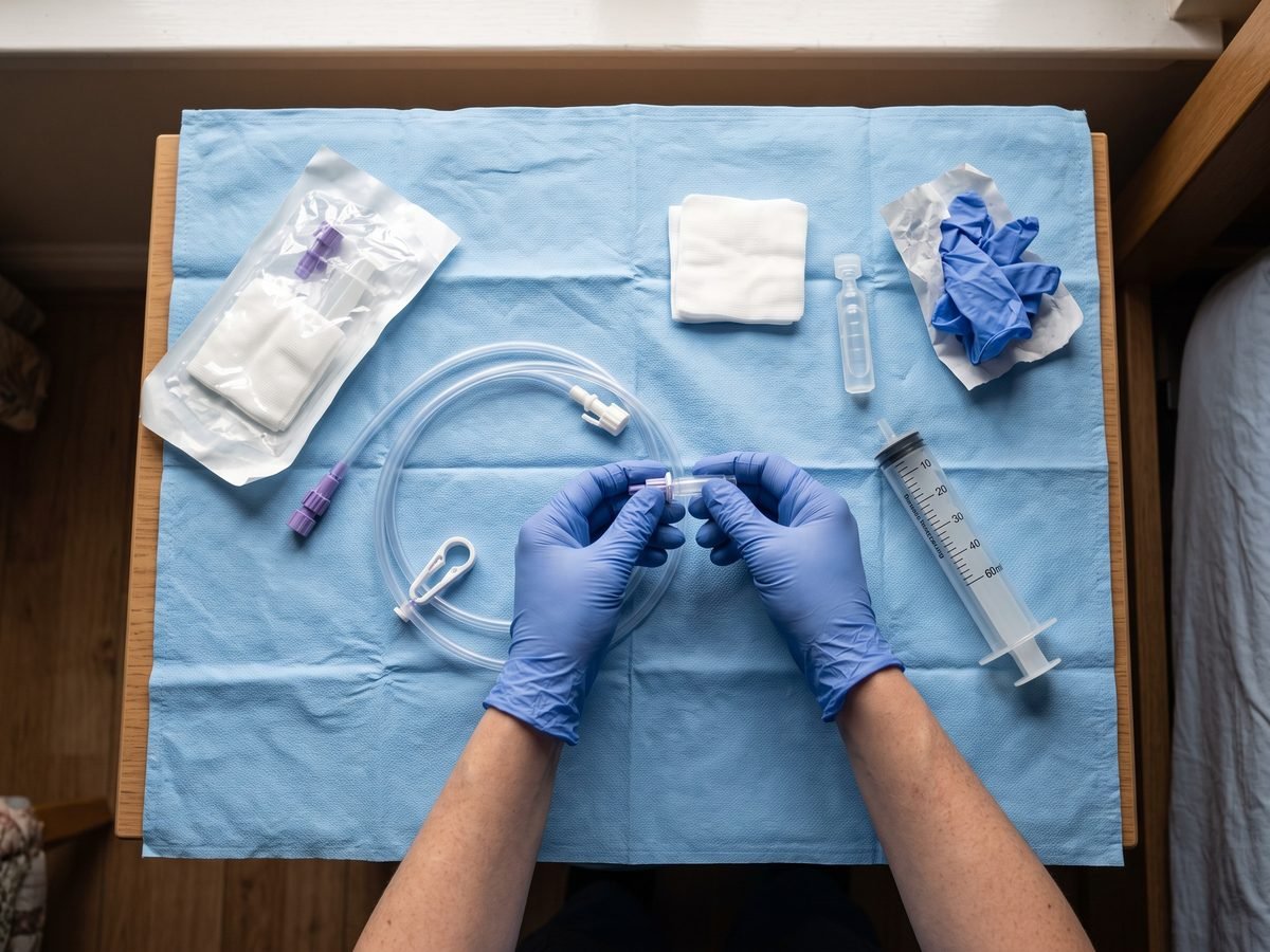 Manos con guantes preparando el material de una sonda de alimentación sobre un paño