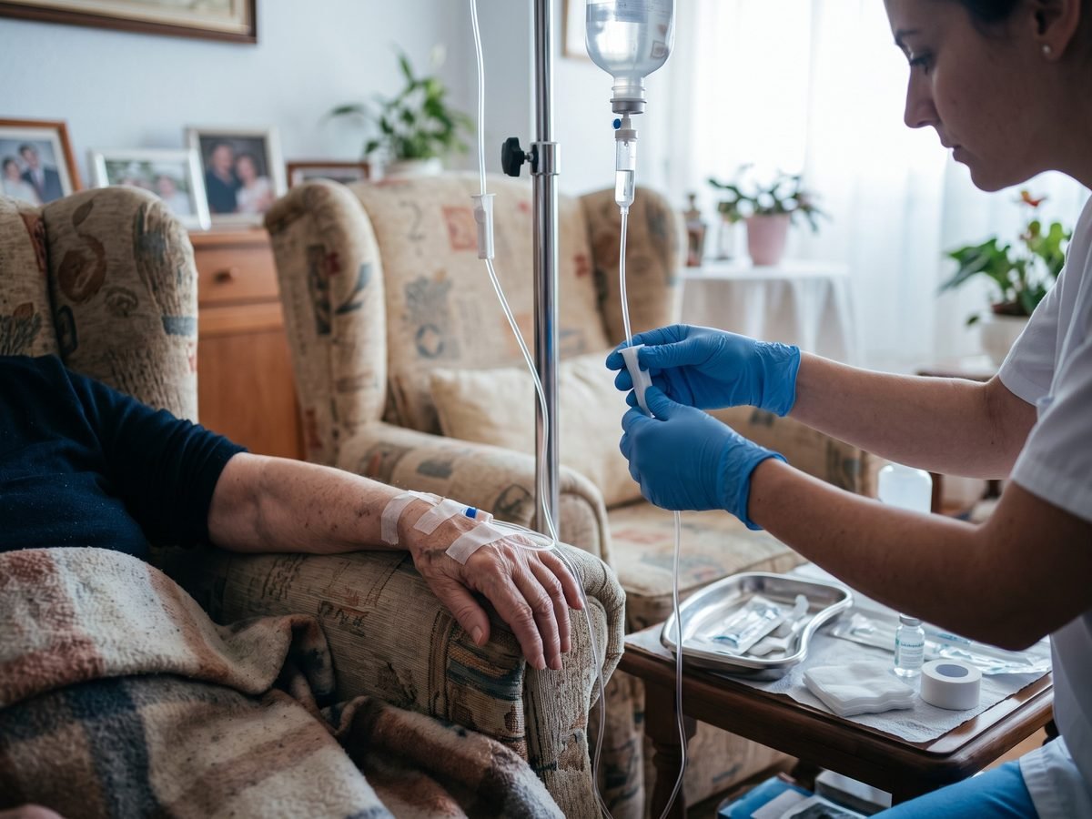 Enfermera ajustando un suero intravenoso a una paciente sentada en su sillón